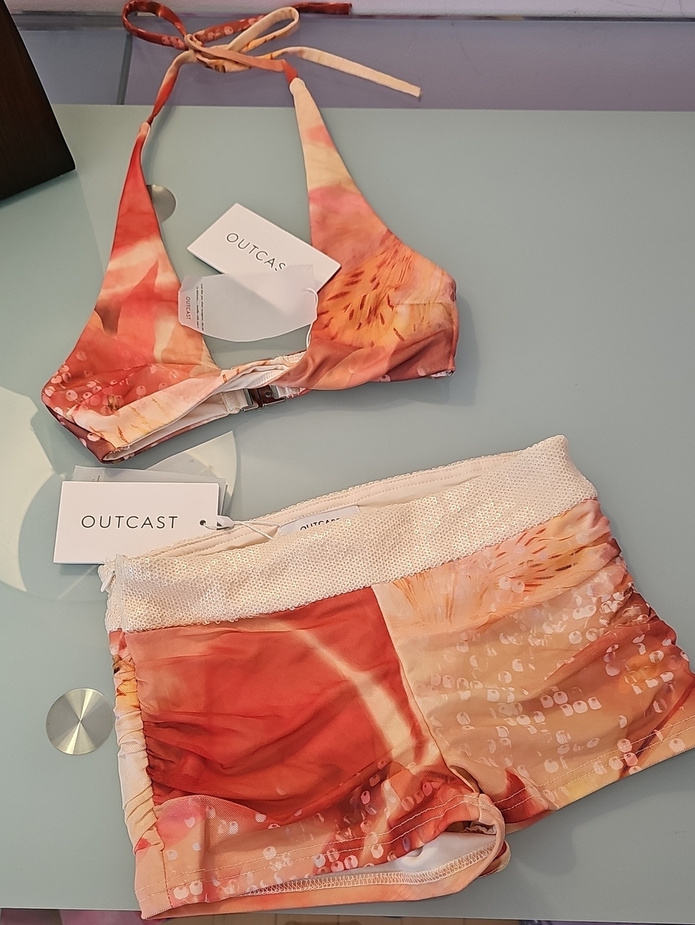 Outcast Women's Coral-Peach Bandeau Swim Top & Shorts